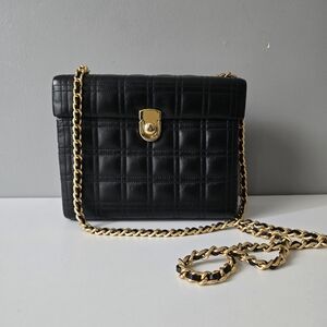 Adrienne Vittadini Elegant Black Quilted Box Bag Threaded Chain Strap